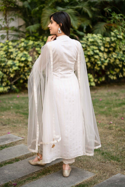 White A-Line Chanderi Kurta Set With Dupatta