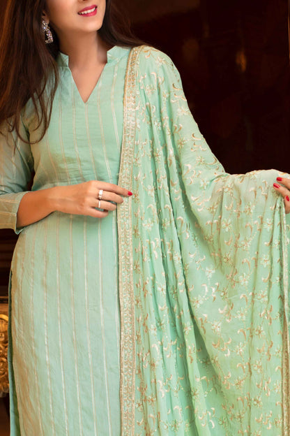 Pista Green Kurta Set With Chinon Heavy Zari Work Dupatta