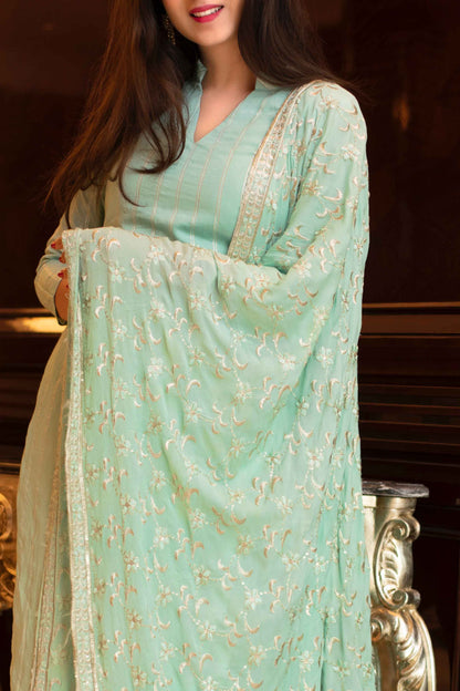 Pista Green Kurta Set With Chinon Heavy Zari Work Dupatta