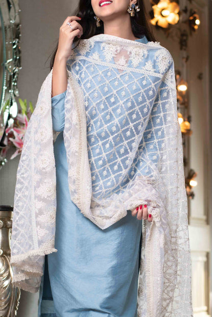 White Thread Work Dupatta With Kurta Set