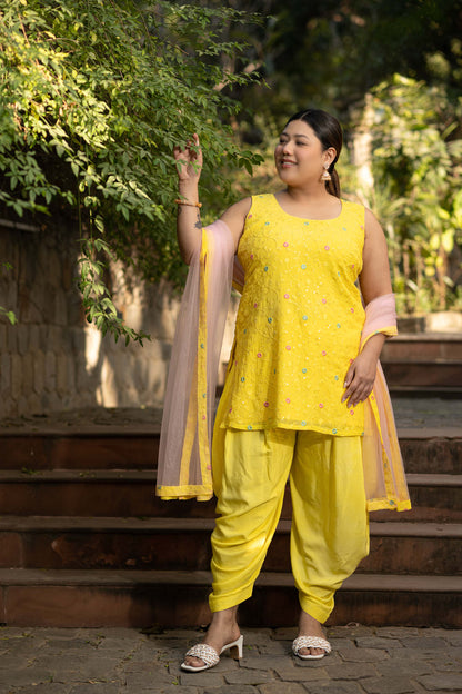 Plus Size Yellow And Pink Patialla Set