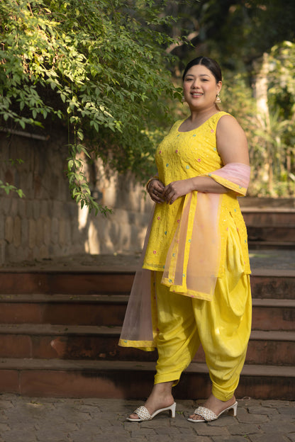 Plus Size Yellow And Pink Patialla Set