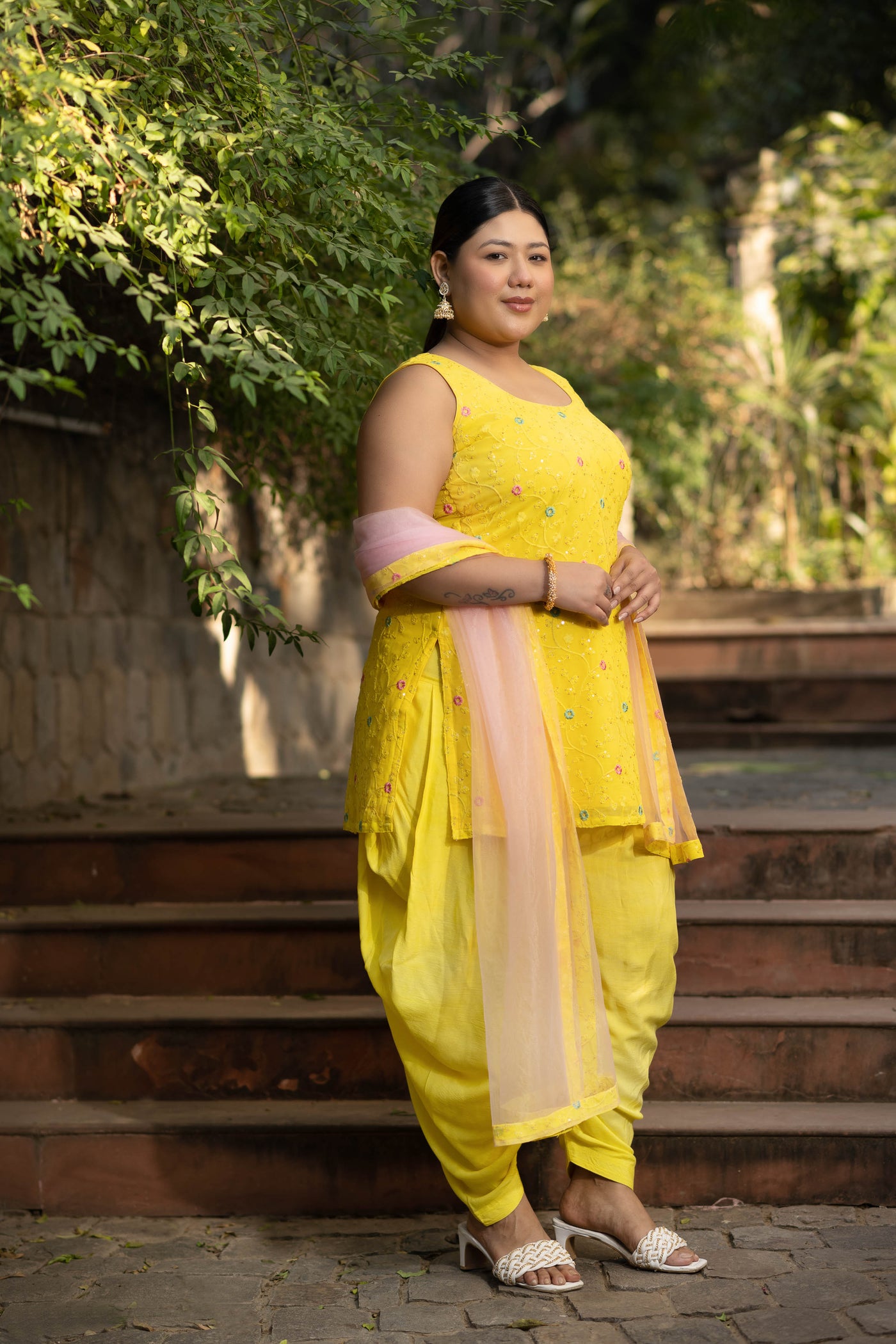 Plus Size Yellow And Pink Patialla Set