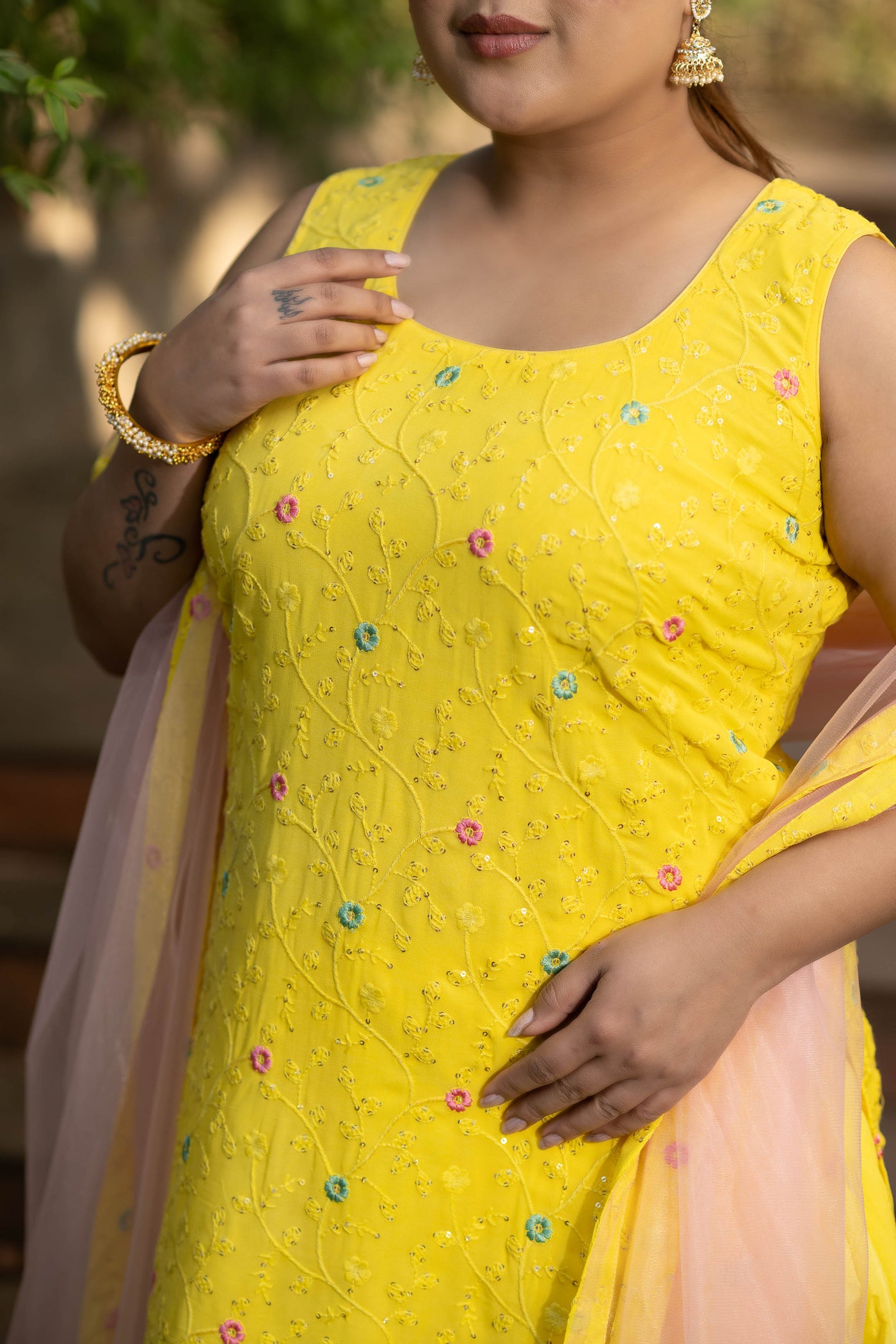 Plus Size Yellow And Pink Patialla Set