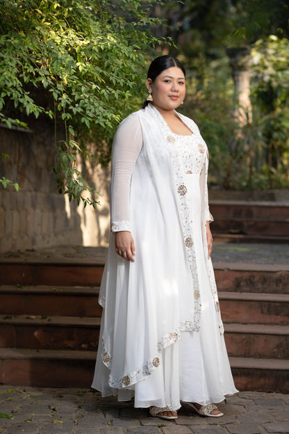 Plus Size Off White Jacket Gown With Sequin And Zari Work ( Set Of 2)