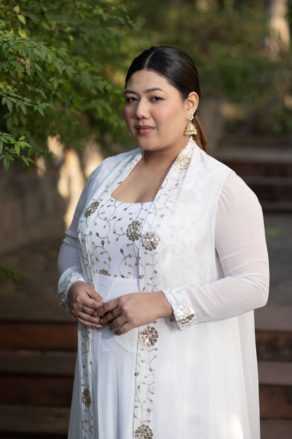 Plus Size Off White Jacket Gown With Sequin And Zari Work ( Set Of 2)