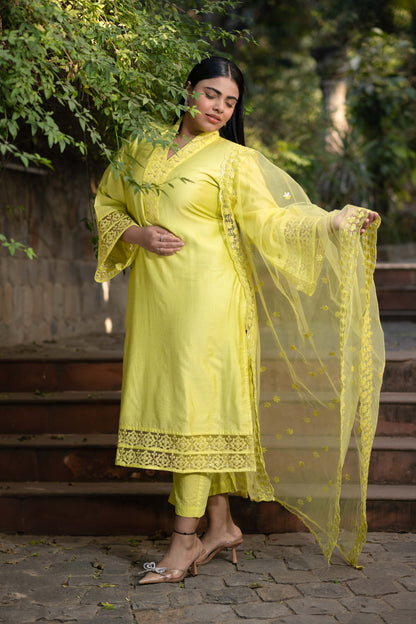 Plus Size Lime Green Kurta With Lace Work