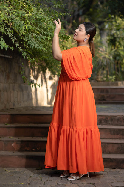 Plus Size Orange Pleated Gown