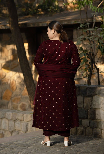 Plus Size Maroon Velvet A Line kurta Set