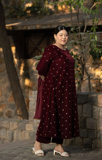Plus Size Maroon Velvet A Line kurta Set