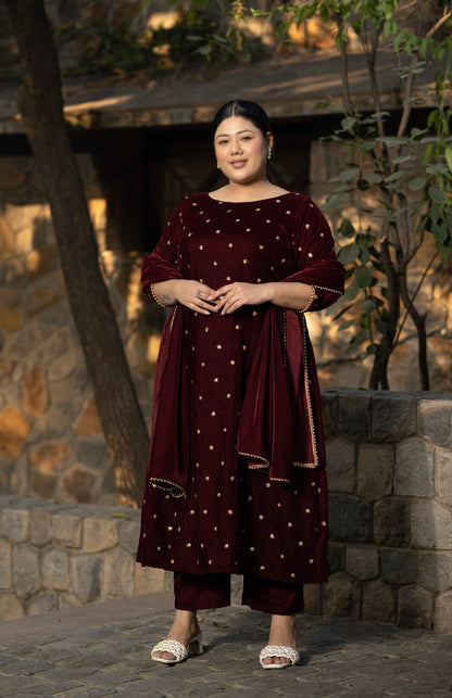 Plus Size Maroon Velvet A Line kurta Set