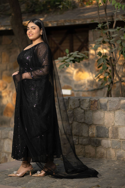 Plus Size Black Sequin Anarkali Set