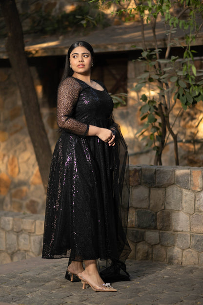 Plus Size Black Sequin Anarkali Set