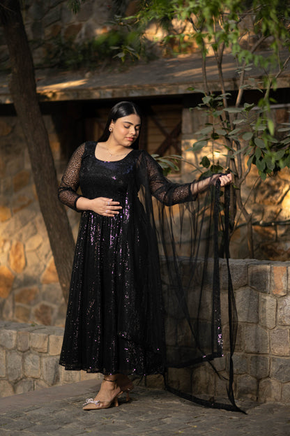 Plus Size Black Sequin Anarkali Set
