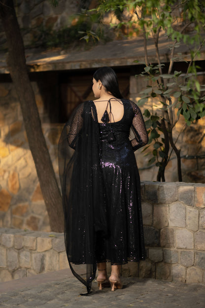 Plus Size Black Sequin Anarkali Set