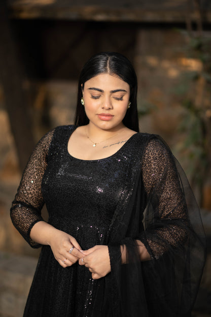 Plus Size Black Sequin Anarkali Set