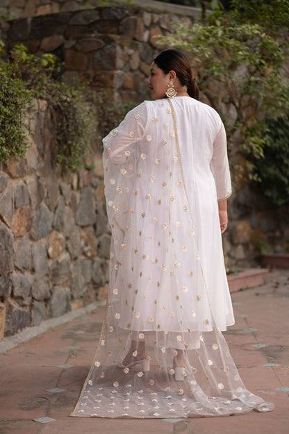 Plus Size White Chanderi Anarkali With Thread Work Dupatta
